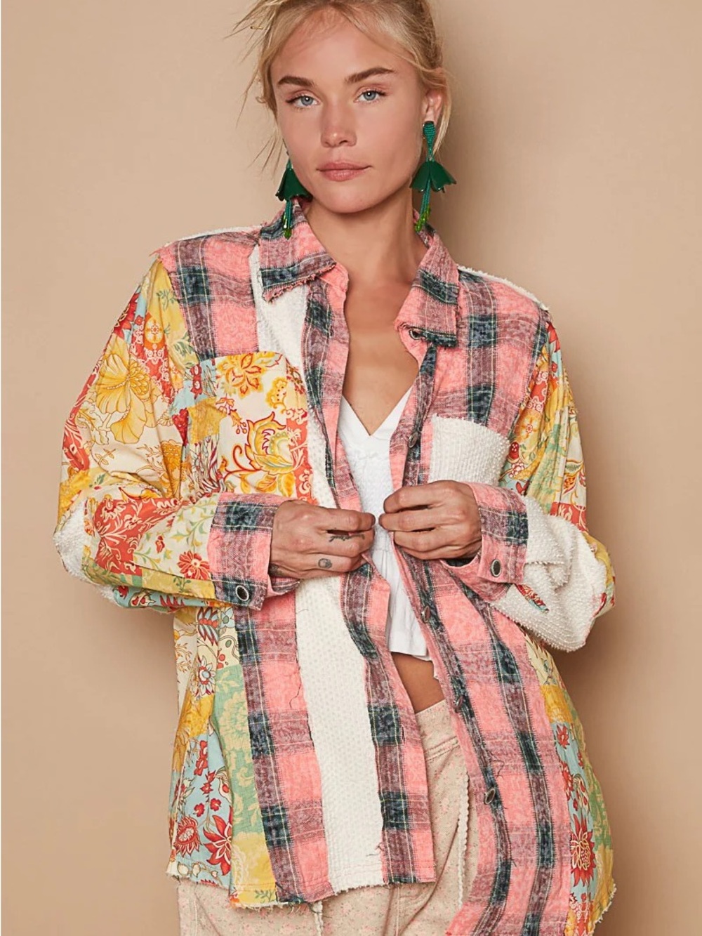 POL Pink Plaid Mixed-Print Button-Up Sz L